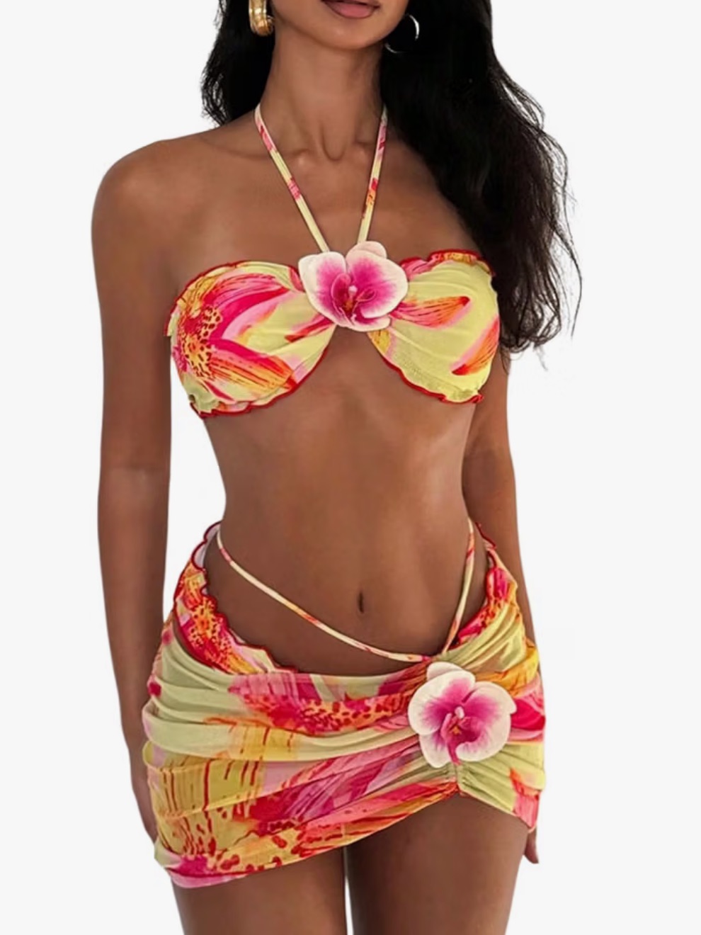 Tropical Floral Halter Bikini Set In Pink & Yellow